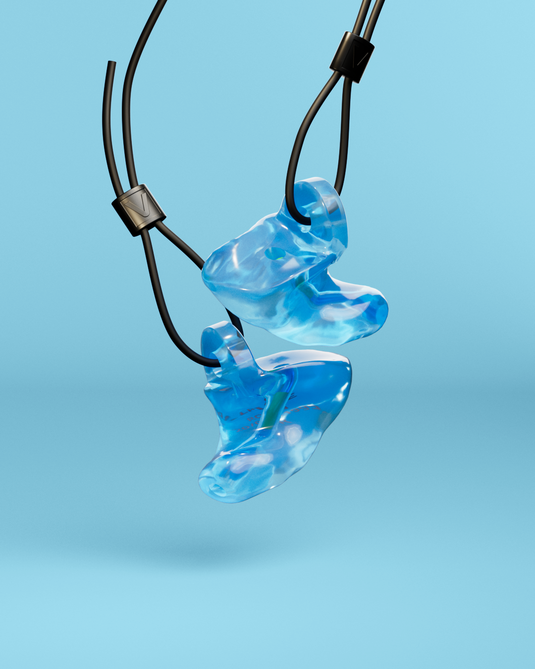 Pair of Alpine WorkSafe Custom Transparent Blue earplugs hanging from an adjustable black cord 