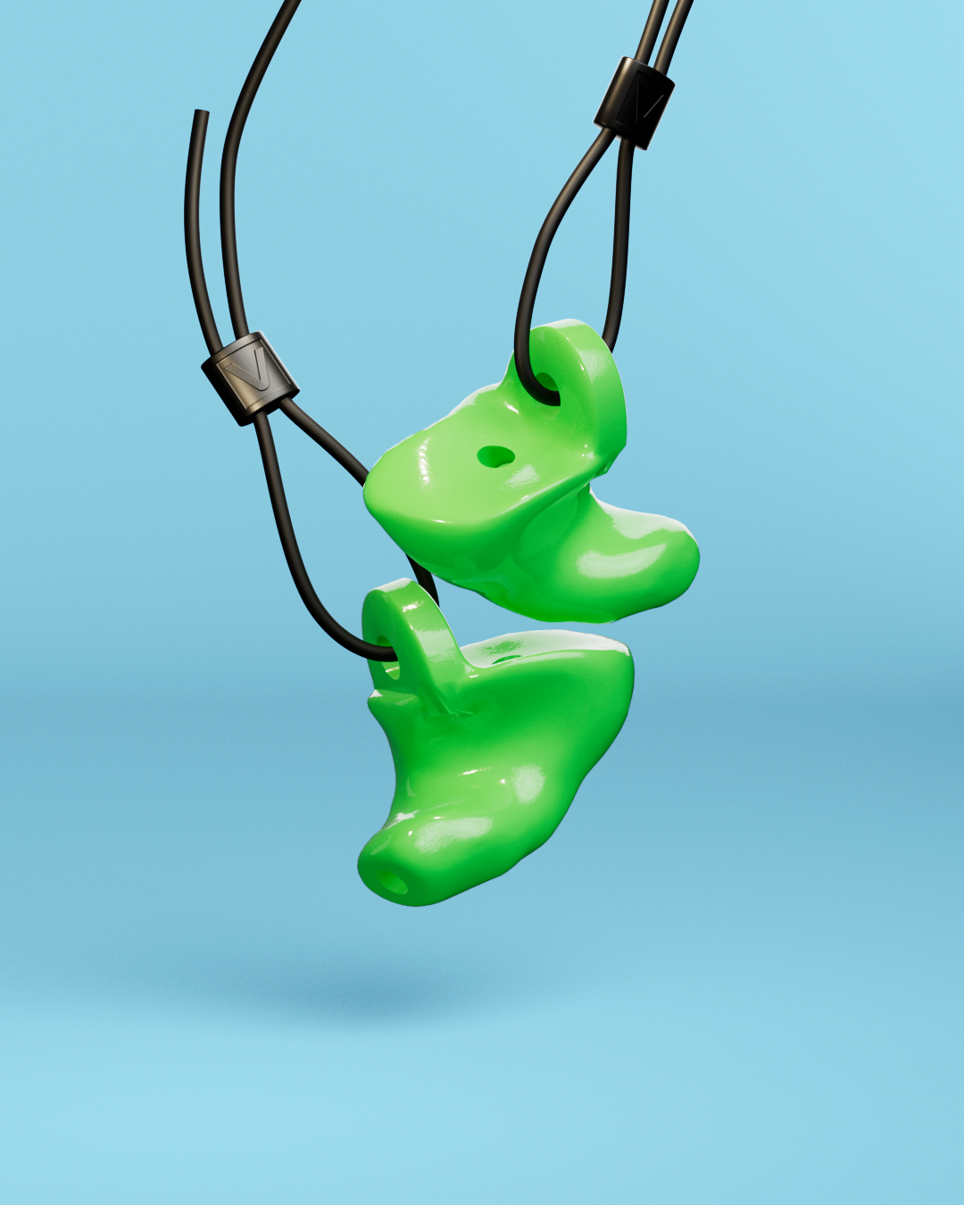 Pair of Alpine WorkSafe Custom Green earplugs hanging from an adjustable black cord 