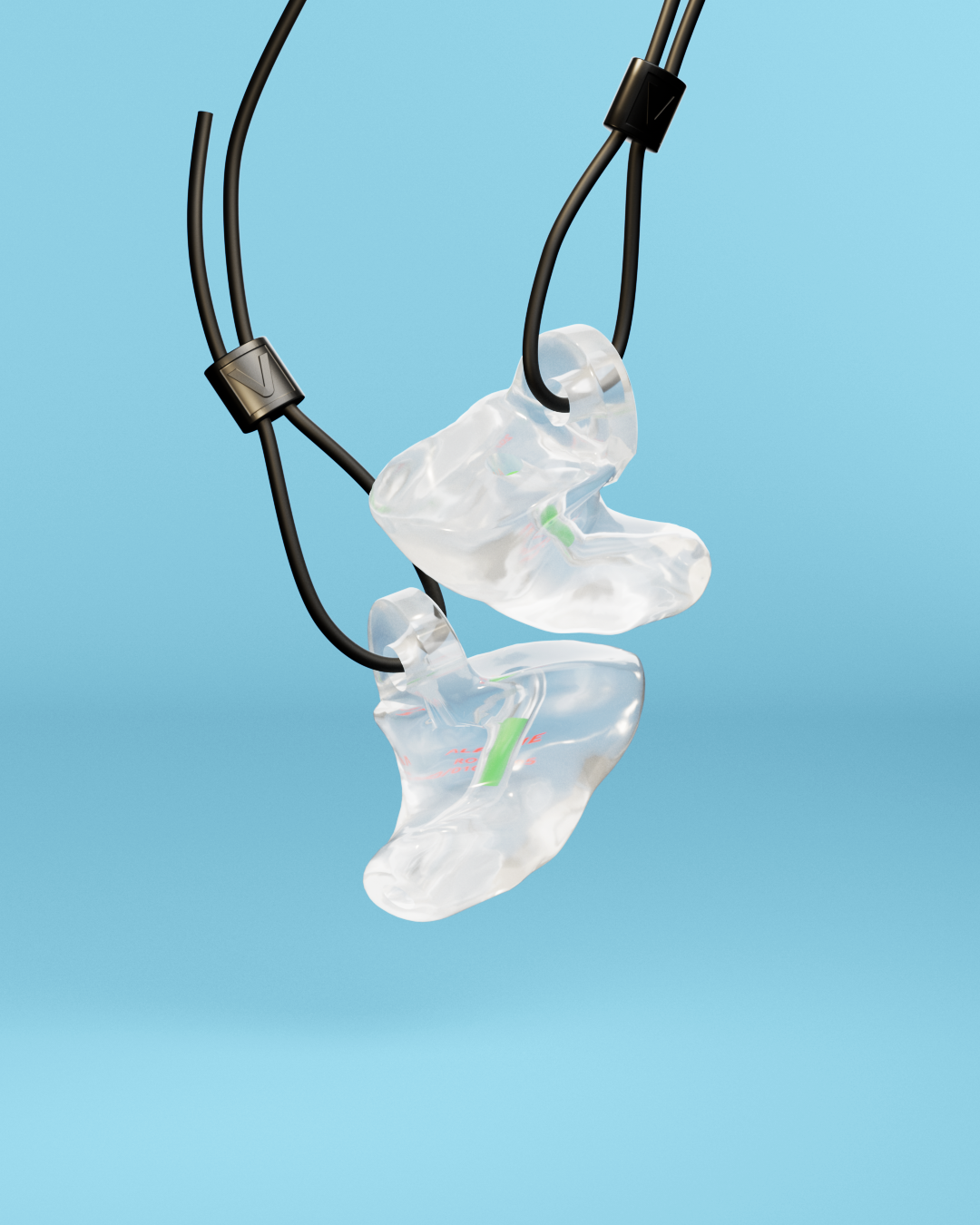 Pair of Alpine WorkSafe Custom Transparent earplugs hanging from an adjustable black cord 