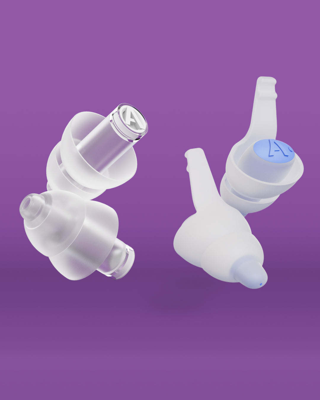 Alpine Festival Bundle: Alpine PartyPlug Pro and Alpine SleepDeep earplugs, 3D render on a purple background #pdp_hide