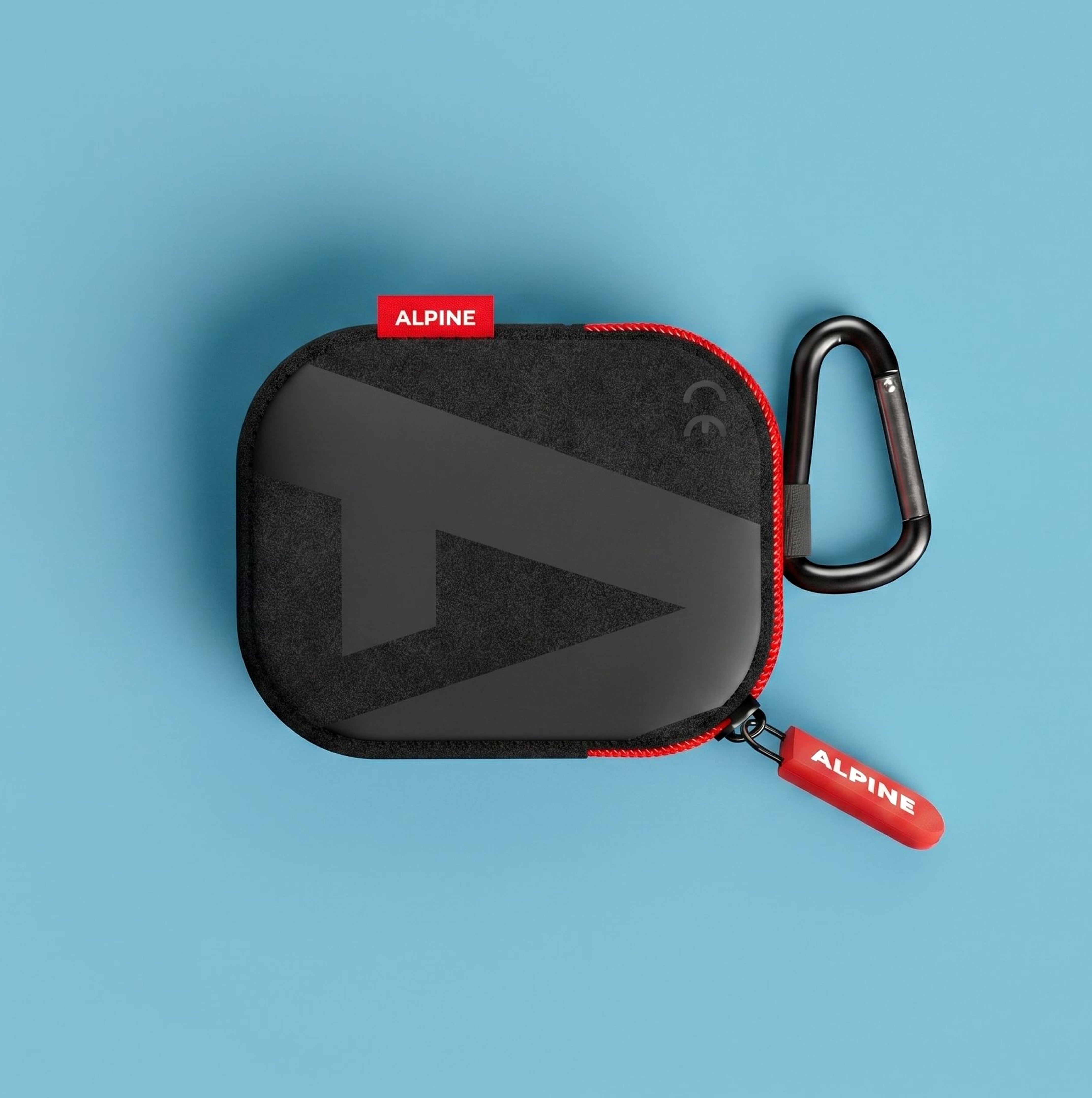 Black carrying case with carabiner for Alpine SleepSoft Custom Transparent earplugs, top view 
