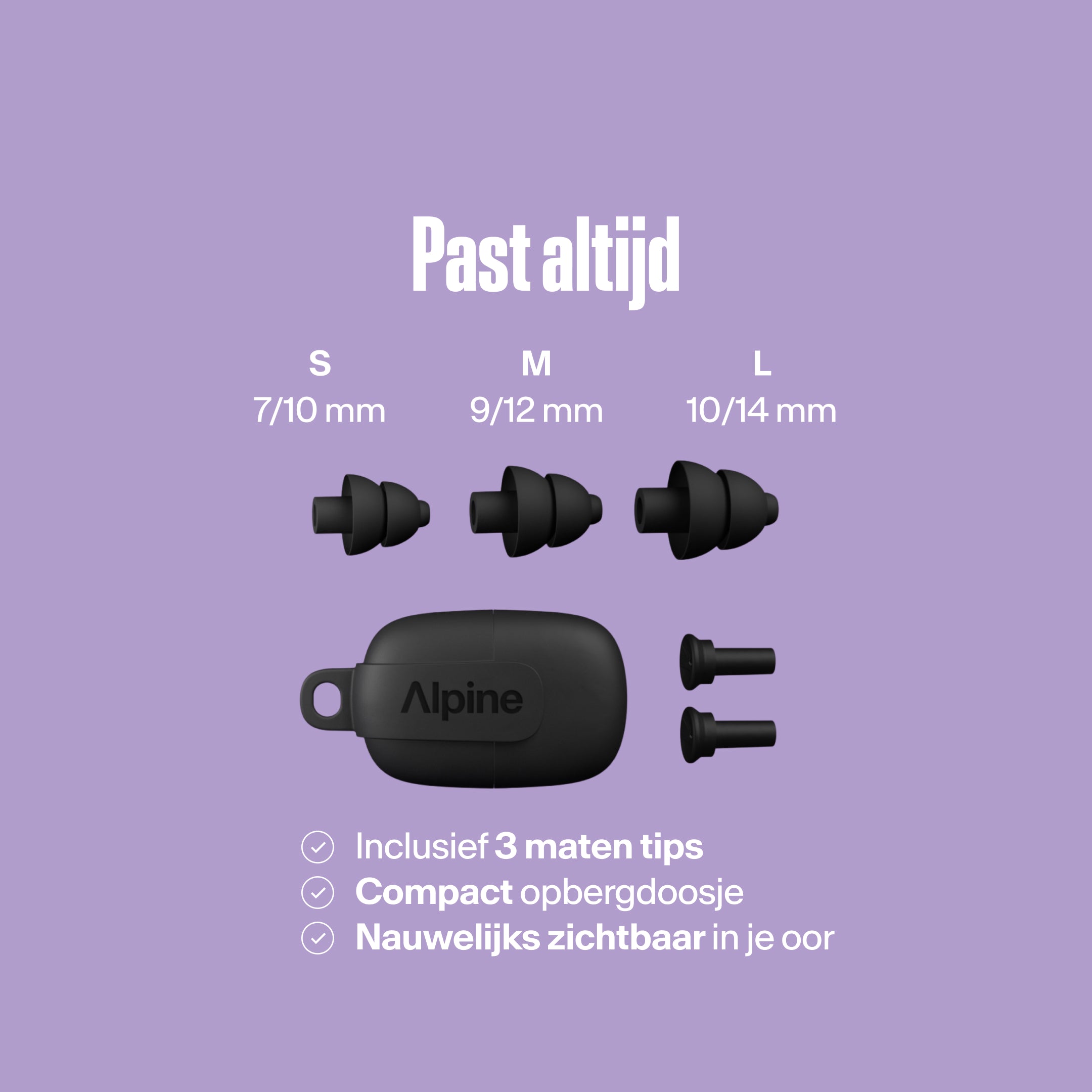Alpine PartyPlug tips (S/M/L) met compacte draagtas, nauwelijks zichtbaar in het oor 