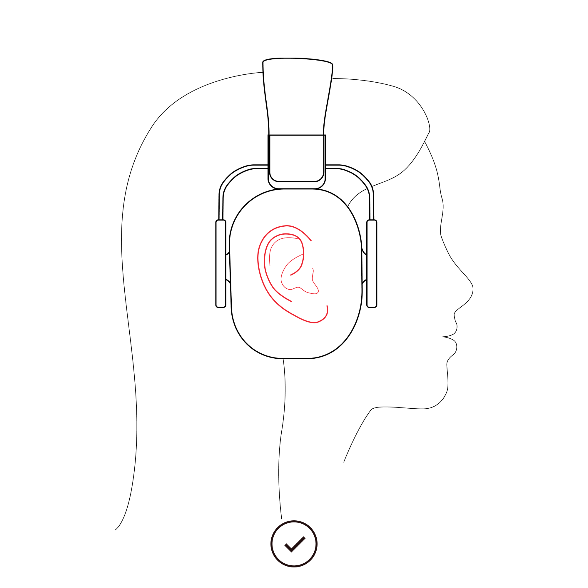 Illustration d’une femme portant correctement l’Alpine Defender, vue de côté, montrant que l’oreille est bien positionnée dans la coquille