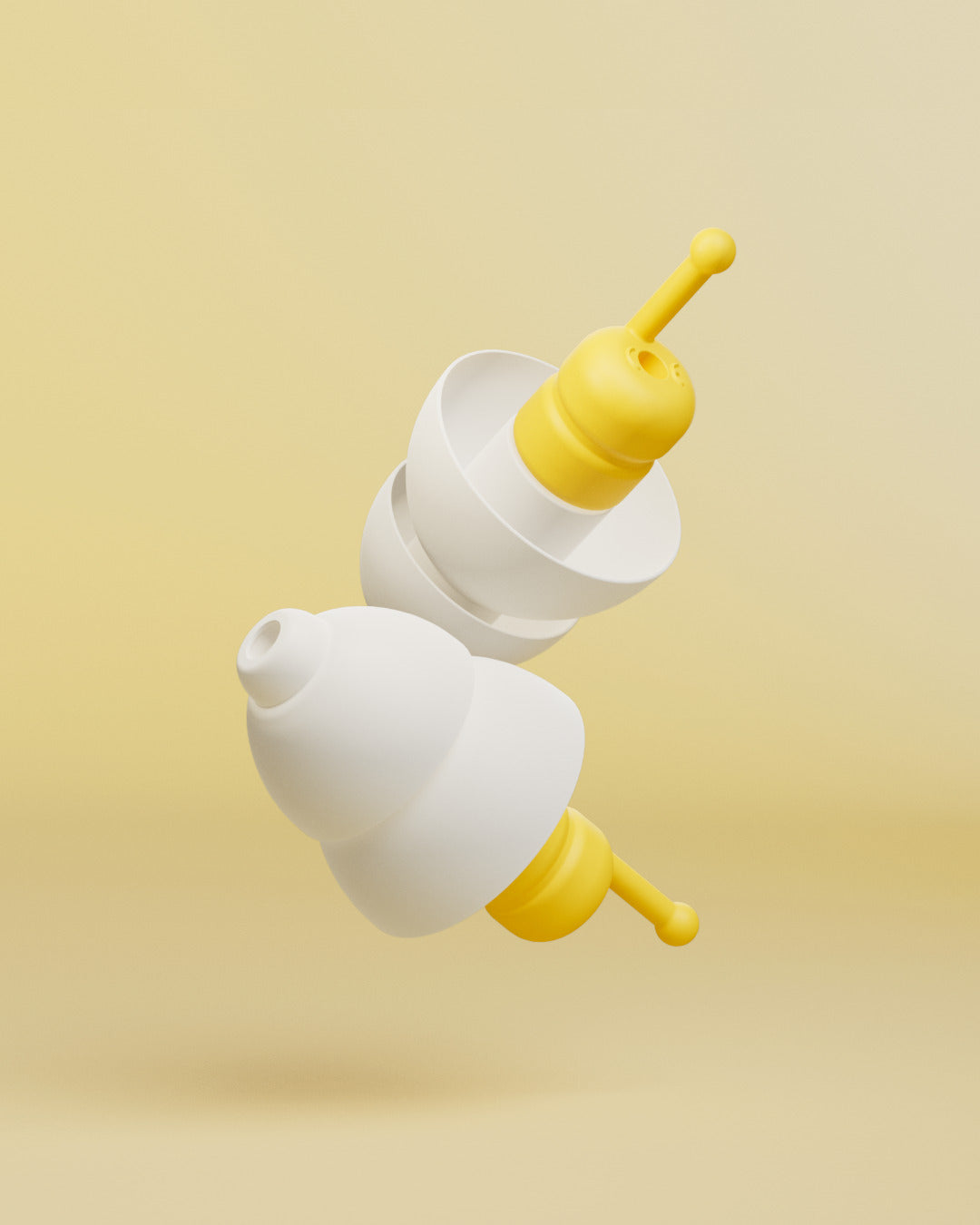 Alpine FlyFit pair of white earplugs with yellow filters and pull stems, 3D render on a yellow background 