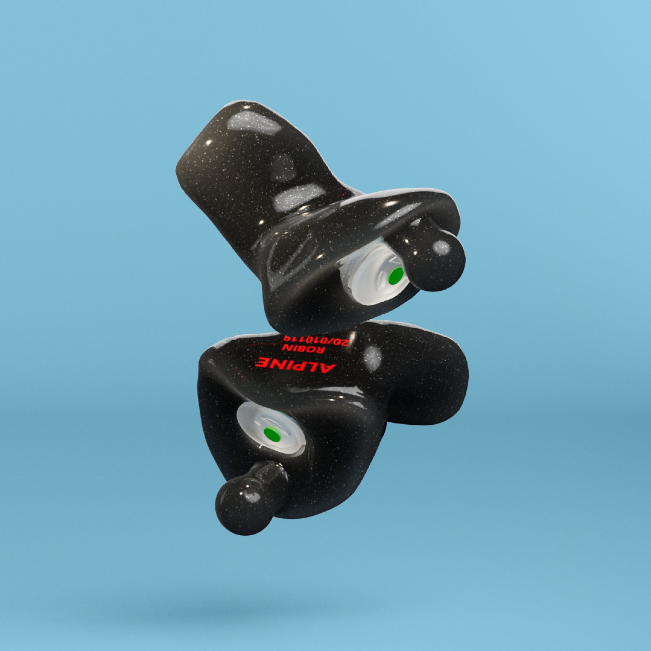 Pair of Alpine MotoSafe Custom Onyx Black earplugs with filters, 3D render 