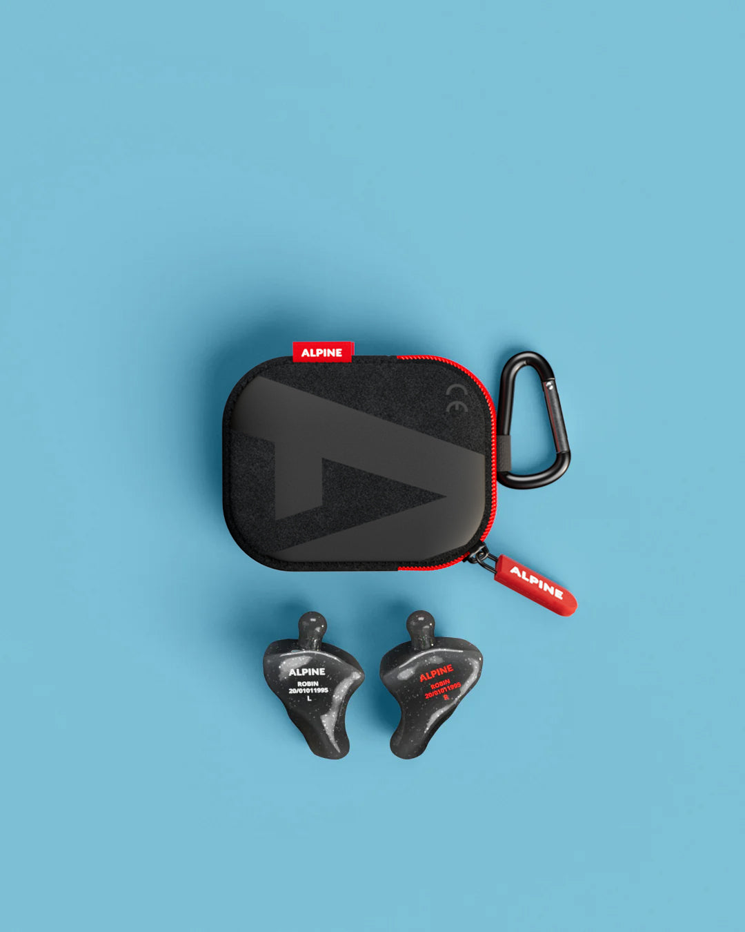 Alpine PartyPlug Custom Onyx Black earplugs with black carrying case, top view 