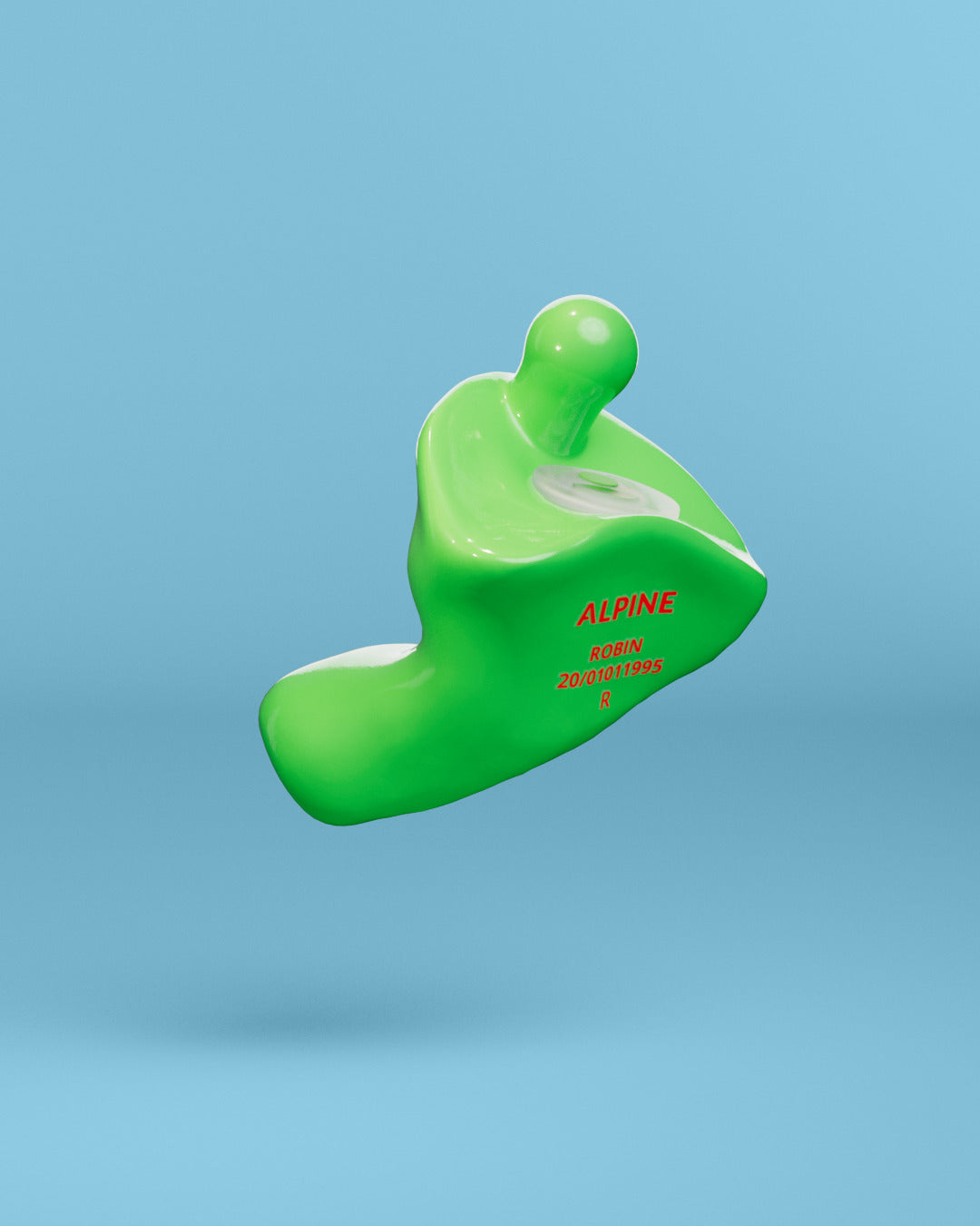 Alpine MotoSafe Custom Green earplug with filter, 3D render on a blue background #pdp_hide #color_green