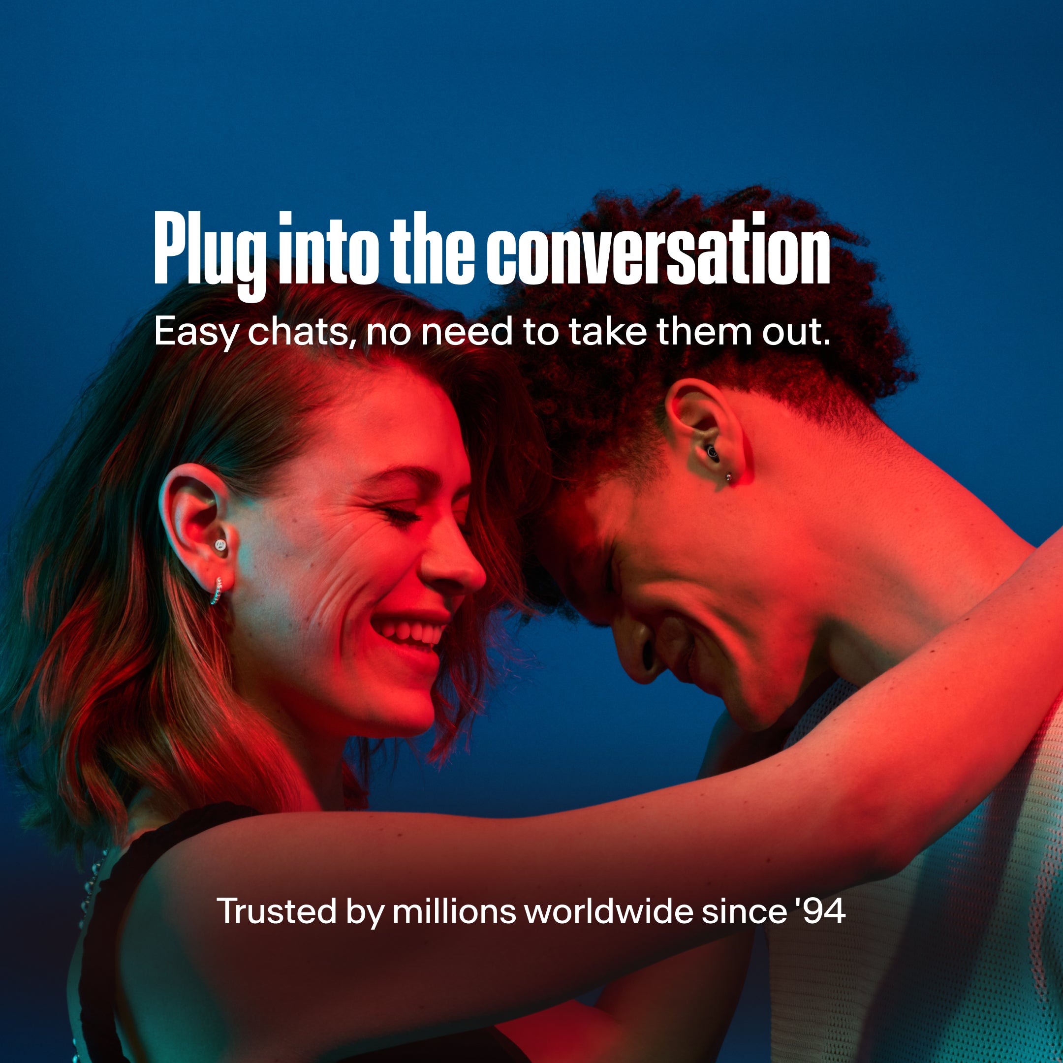 Alpine PartyPlug Pro, plug into the conversation. Couple wearing earplugs, trusted worldwide since &