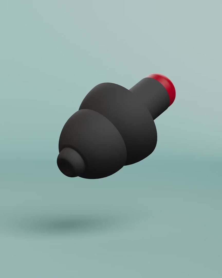 Alpine WorkSafe product animation, 3D render of a black earplug with red filter tip on a light blue background 