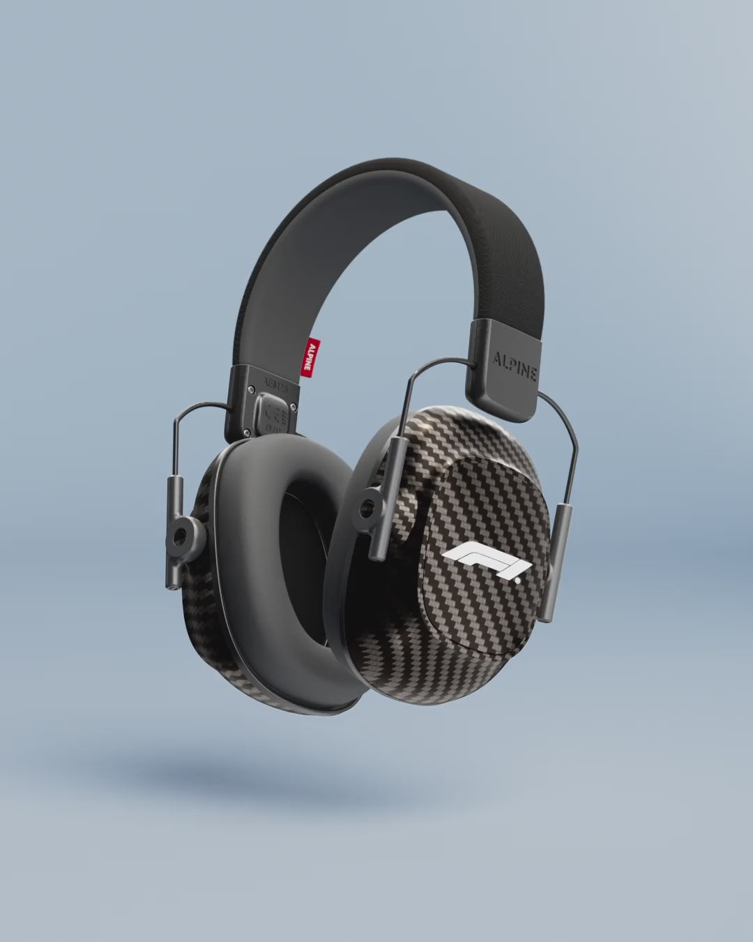 Alpine Formula 1® Earmuffs product animation, 3D render of carbon-look earmuffs with white F1 logo #pdp_hide