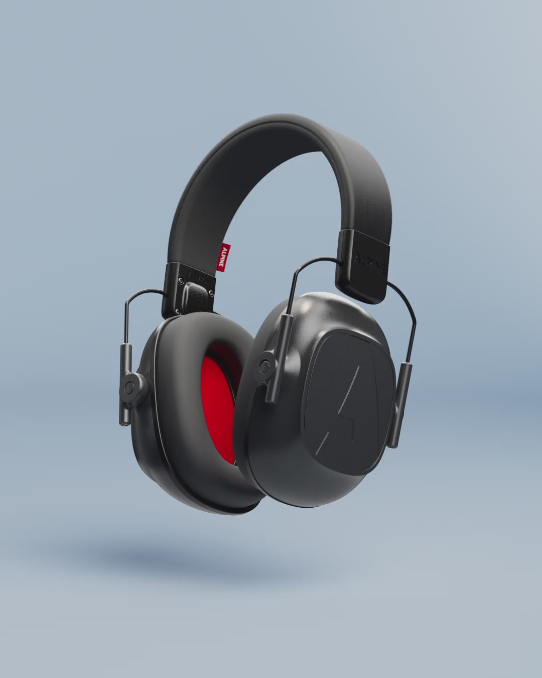 Alpine Defender product animation, 3D render of the earmuffs on a light blue background 