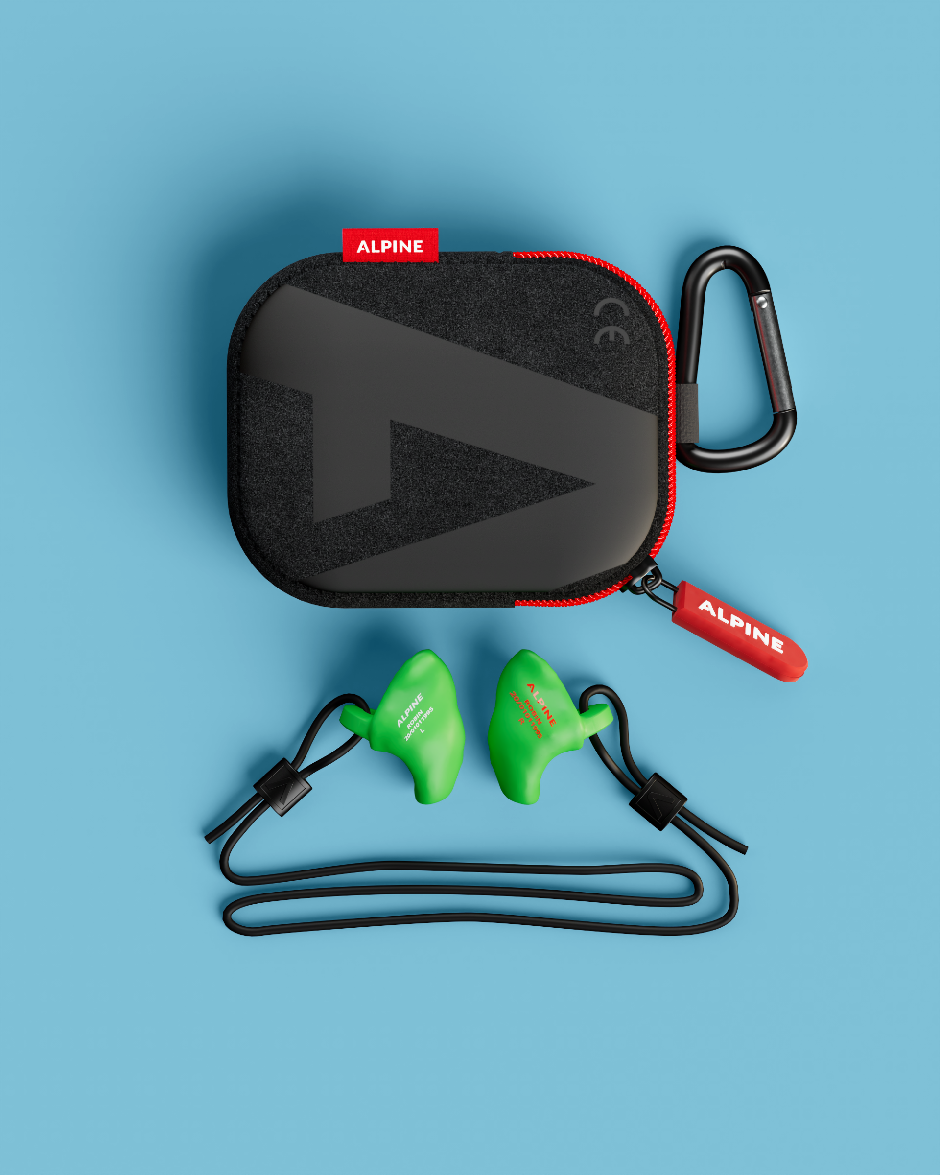Pair of Alpine WorkSafe Custom Green earplugs on a black cord below a black Alpine carry case with carabiner 